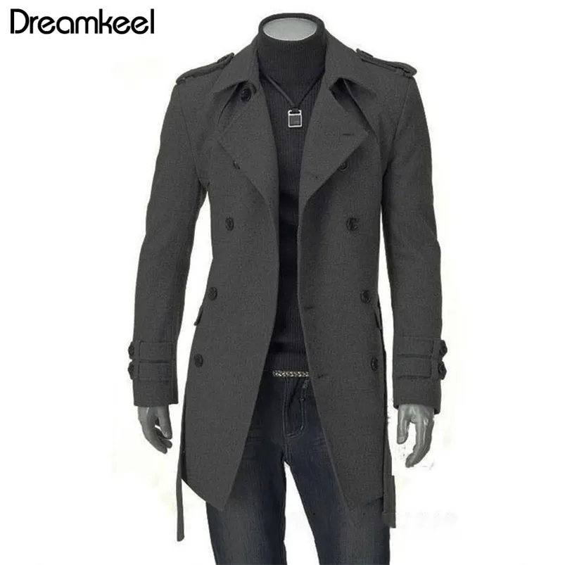 أزياء الشتاء رجال الطول Overcoat الصلبة مزدوجة الصدر معطف الملابس المونس