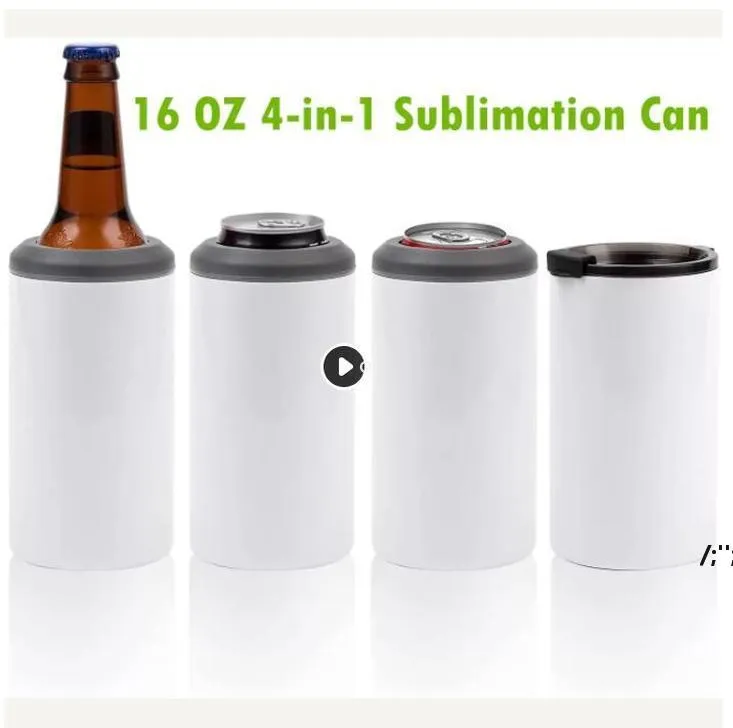 16OZ Sublimation Can Cooler Tumblers Blanks 4-in-1 Can Insulator Adapter with Leack-Proof Lid & Plastic Straw, Stainless