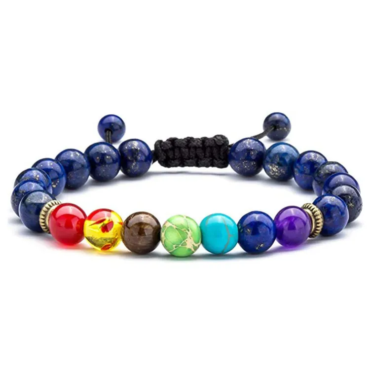 Pulsera de hilo ajustable de 7 Chakras con cuentas para hombres y mujeres, cuentas negras mate de ojo de tigre de roca de Lava, pulseras trenzadas de piedra Natural, joyería de Yoga