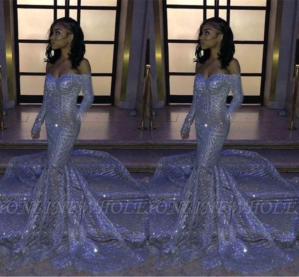 Black Girl Silver Sequins Off-the-shoulder Mermaid Prom Dresses Long Sleeves Sweep Train Reflective Evening Gowns BC3306 0328