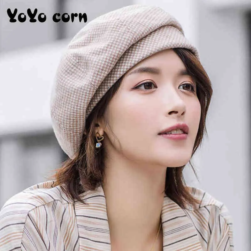 Yoyocorn Plaid Vintage Octagonal Casual Autumn Girl Cap Panama Women Wool Beret For Elegant Lady Winter Female Cotton Hats J220722