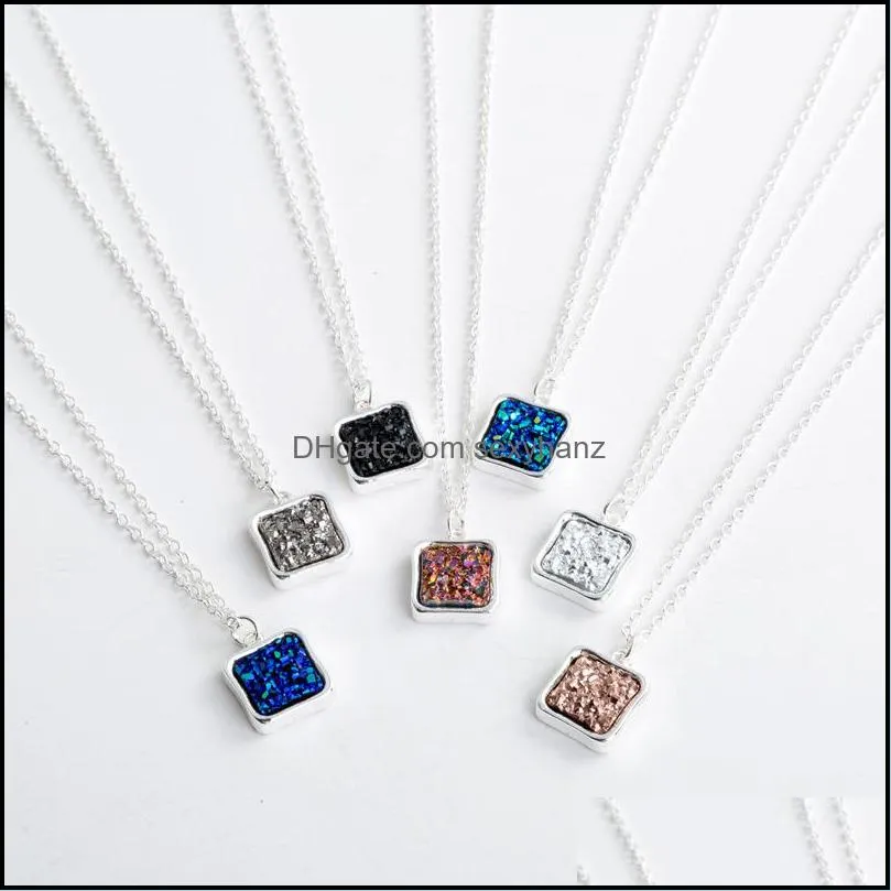 6colors Resin Druzy Drusy Necklace Silver Plated Square Irregular Geometry Stone Necklaces For Women Jewelry