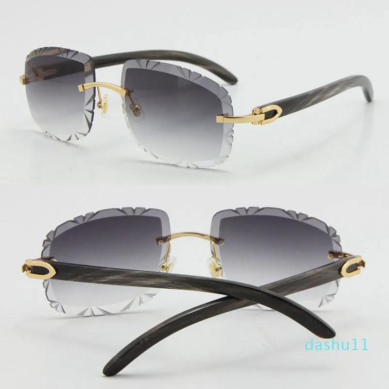 Randlose Original marmorierte schwarze Büffelhorn-Sonnenbrille T8200762, diamantgeschliffene, geschnitzte Linse, Unisex, große quadratische Sonnenbrille, Großhandel, Vintage, ma