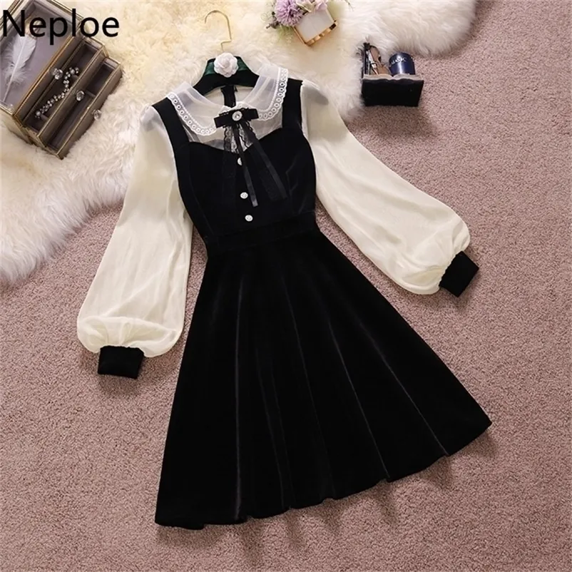 Neplooe Vintage Velvet Black Dress Stand Neck Lantern Mouw Party Robe High Taille Slim Vestidos Koreaanse elegante jurken Vrouwen 220811