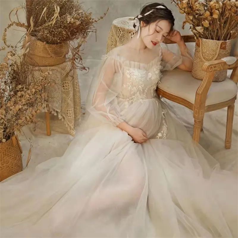 Lace Mesh Maternity Dress Photo Shoot Fairy White Embroidery Flower Boho Long Pregnant Gown Woman Photography Costume 2166 T2