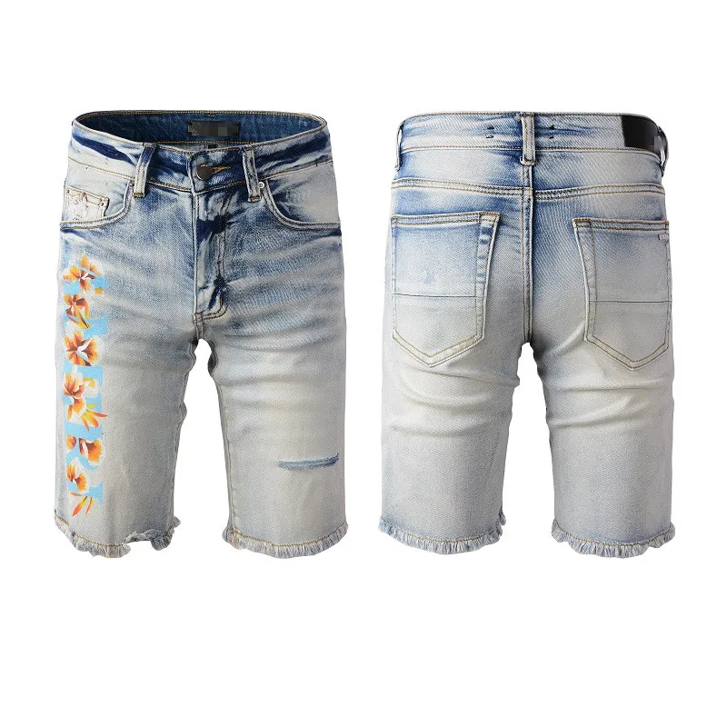 Man Short Jeans Ripped Denim Skinny Designer Pant For Youth Shorts Straight Jogger Zipper Mens Flower Print Little Blue Distress Destroyed Slim Fit With Pocket