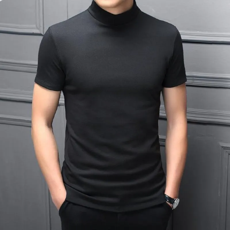 Herr t-shirts herr mode t-shirt mock turtleneck solid stickad pullover tröja kort ärm avslappnad färg dating smal fit tops underhirtmen