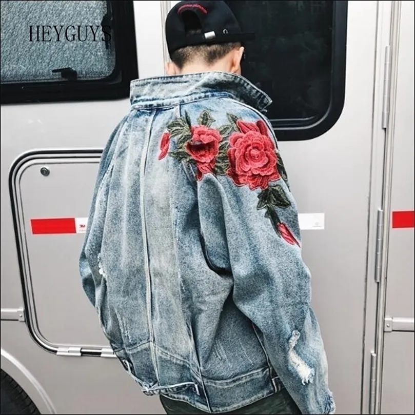 Spring Men's Clothing Denim Jacket 3D Rose Flower Embroidery Vintage Frayed Hole Coats High Street Hip Hop Outerwear 201128