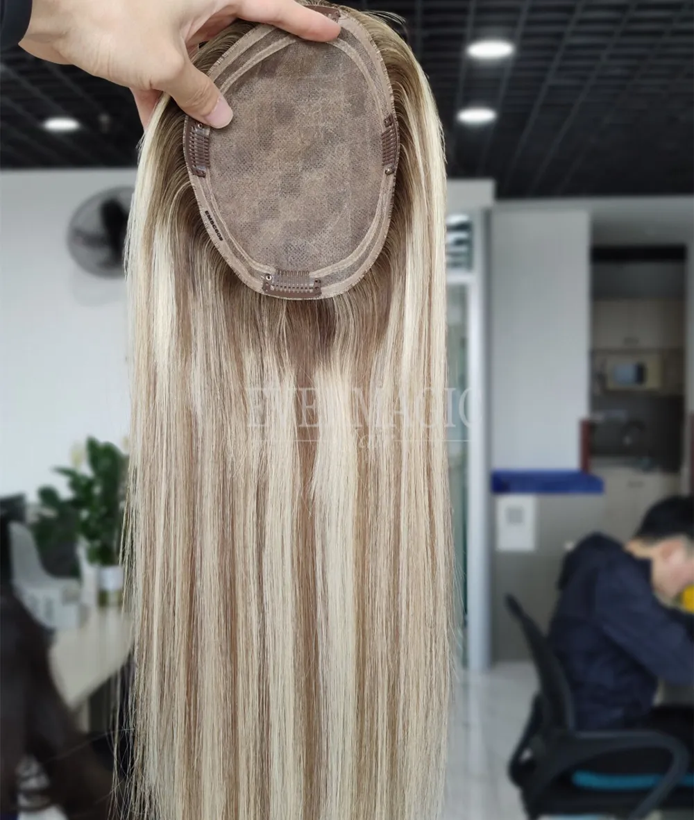 New Coming Stock Balayage Blonde Color Human Hair pieces Toppers Mono With Around Pu Base for hair loss Thinning Women