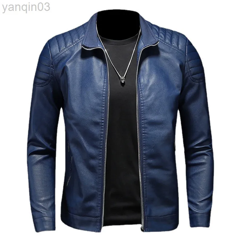 2022 Men Spring Spring New Stand Collar Pleated Leather Jacket Youth Slim Corean Style Bonzome Leather Jacket L220801