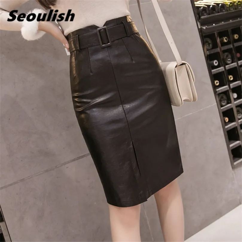 Seoulish Autumn Winter Black PU Leather Pencil Midi Skirts High Waist Split OL Elegant Sheath Wrap Skirts with Belt Female 220505