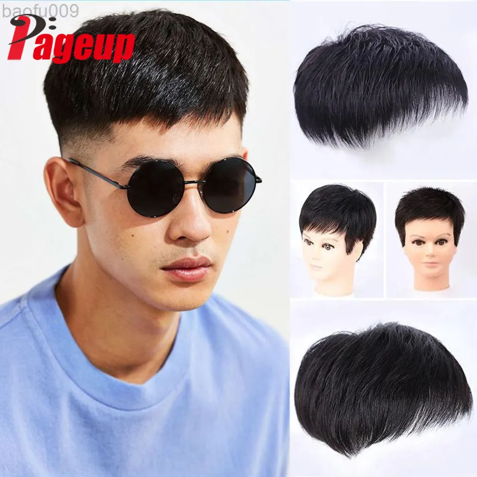 Pageup 합성 짧은 가발 Toupee 머리 남성용 남성용 블랙 가발 Natural Young Man Balding Sparse Cut Style L220809