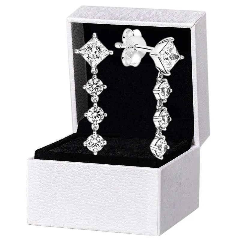 925 Sterling Silver Round Square Drop Dangle Boucles d'oreilles Boîte d'origine pour Pandora Femmes Filles Mariage CZ diamant Pendentif Boucle D'oreille