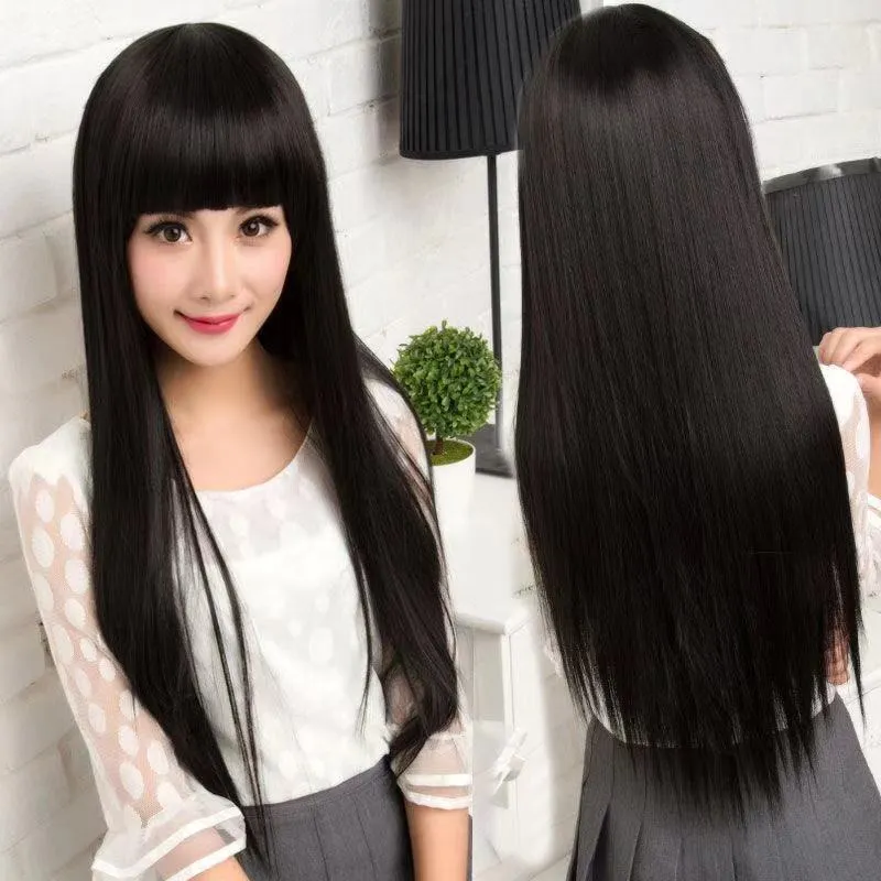 Wig Woman Long Straight Hair Diagonal Bangs Bouffant Hair Fake