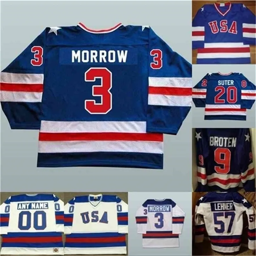 MTh 1980 Miracle On Ice Hockey Maglie Uomo 3 Ken Morrow 16 Mark Pavelich 20 Bob Suter Team USA Hockey Jersey Blu Bianco