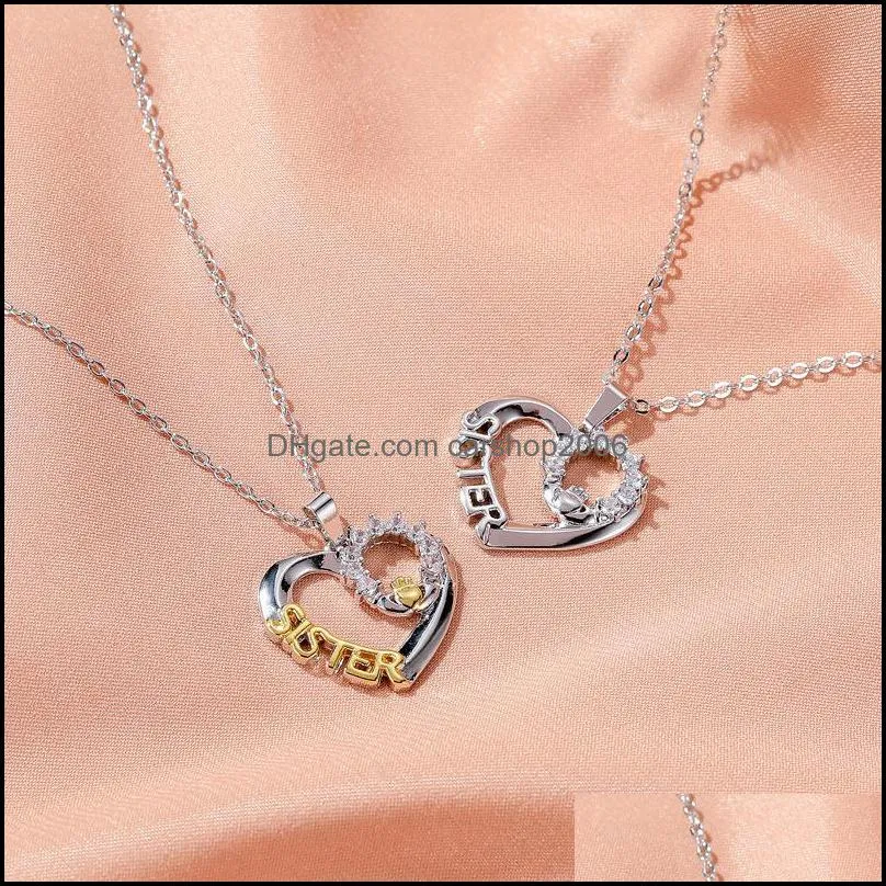 sister necklaces women`s fashion heart hand crown pendant sister letter zircon necklace best sisters gifts jewelry heart necklace carshop2006