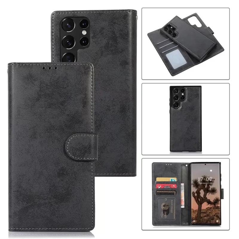 2-in-1-Leder-Geldbörse, abnehmbare, abnehmbare Hüllen für iPhone 15 Plus 14 13 Pro MAX 12 11 XR XS 8 7 6 SE, magnetische Retro-Karte, Metallschnalle, Flip-Cover, Ständer, Handytasche