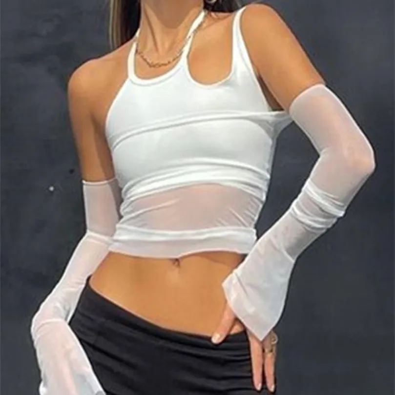 Jacuqeline Été Sexy Sheer Mesh Crop Tops Femmes Irrégulière Découpé Halter Tees Mode Y2K Dos Nu Voir À Travers T-shirts 220511