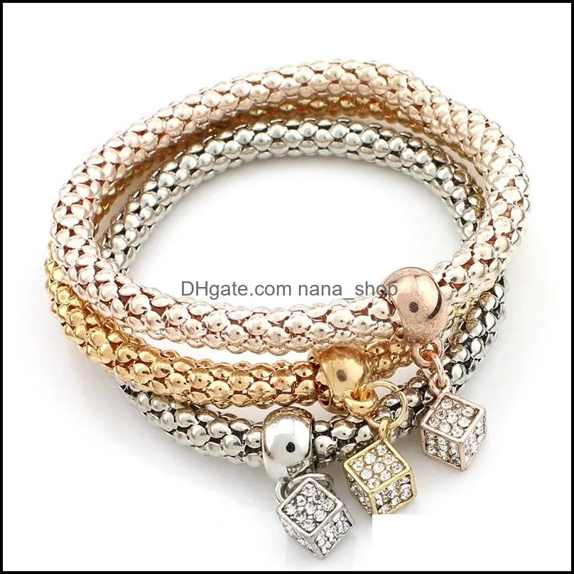 New three-color popcorn bracelet sets stretch bangles crystal rhinestone music note butterfly Square spacer Charms For women Fashion