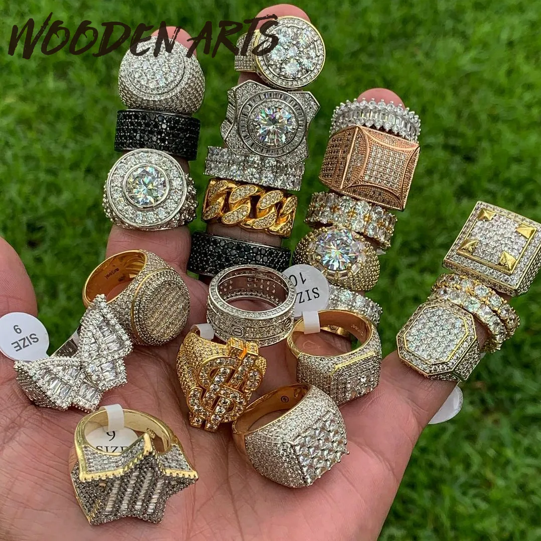 Alta qualità Bling Cubic Zirconia Pentagram Farfalla Anello per uomini e donne Iced Out Vero oro placcato Diamante Charm Anelli per dita Band Matrimonio Rapper Gioielli Regali