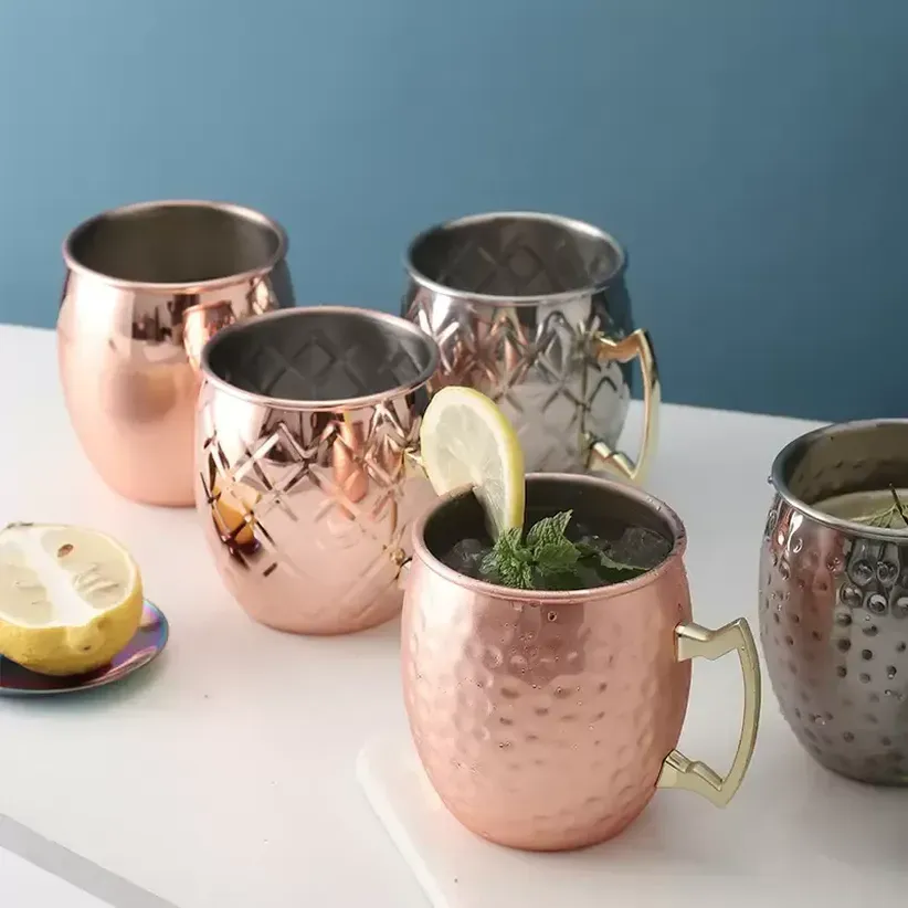 Moscou MULE MUG Aço inoxidável Copo de cerveja de aço rosa Prata de cobre martelo de cobre martelo de cobre Drinkware de bebida caneca coquetel