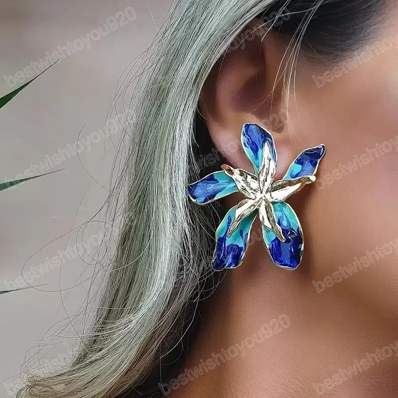 Guld Big Flower Drop Dangle Earring för kvinnor Trendiga metall Floral Geometry Party Jewelry Gift