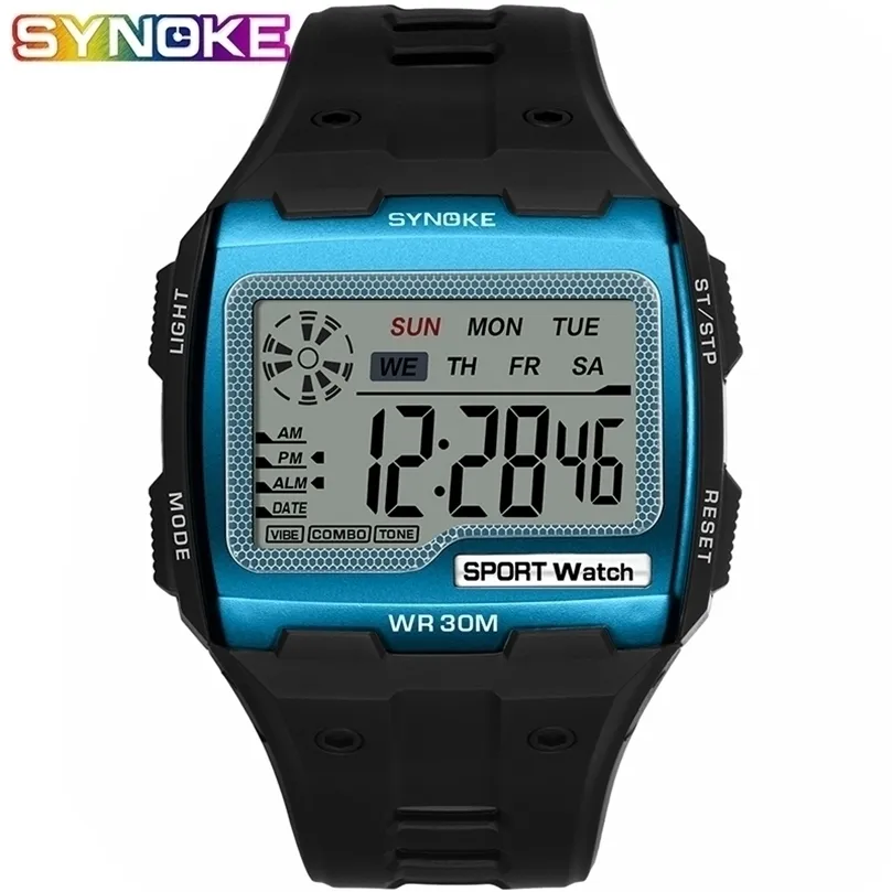 SYNOKE Mens Square Digital Watch Luminous Multifunctional Big Dial Sports Waterproof Man Watch LED Display Digital Wristwatch 220530