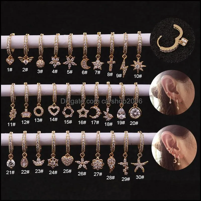 기타 귀걸이 보석 30 스타일 후프 작은 CZ DANGLE DROP EARRING 2021 HEART MOON STAR DAINTY TINY LOBE EARCENT JE DHSCK