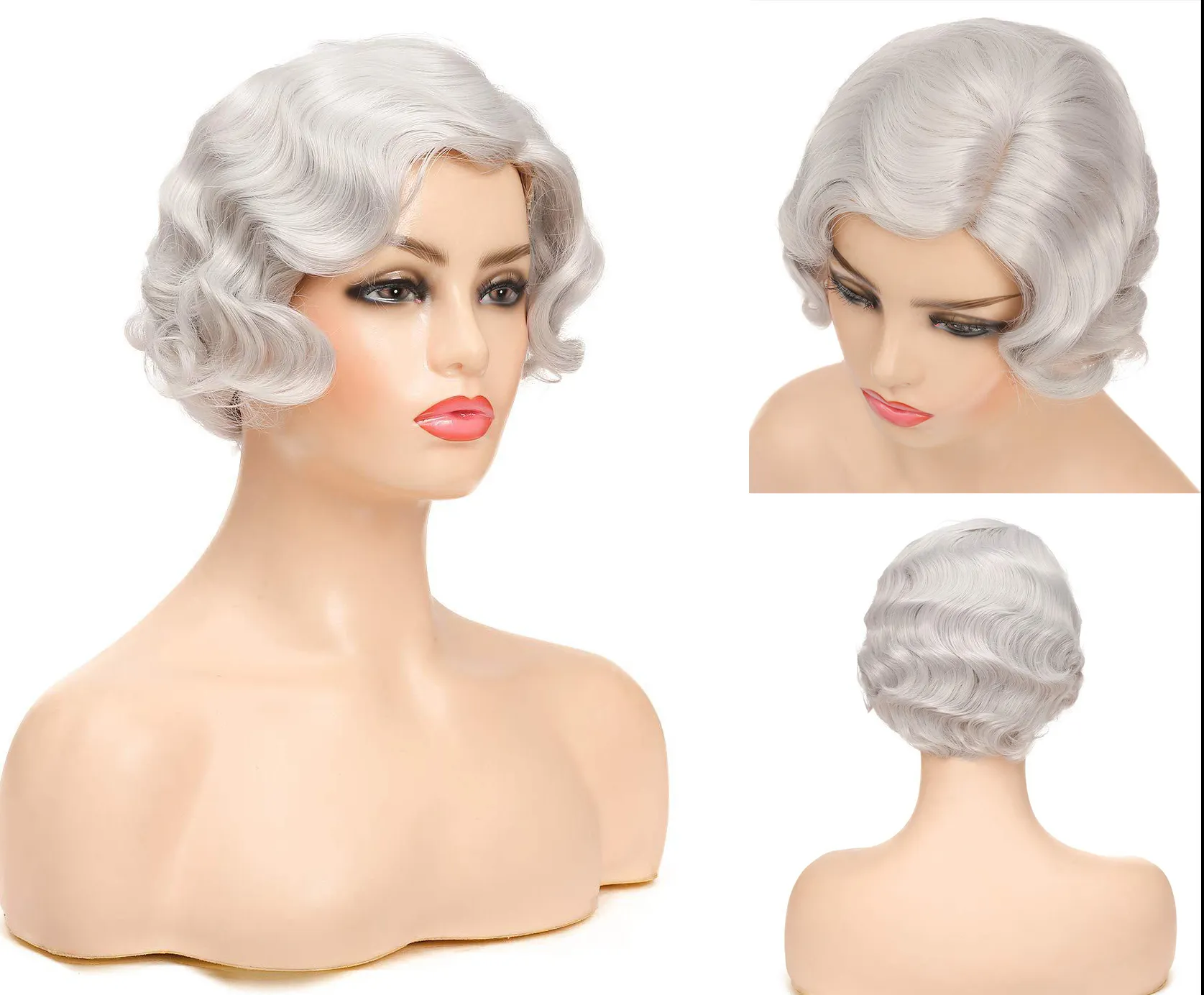 Perruque complète de cheveux cosplay ondulés blancs argentés pour femmes