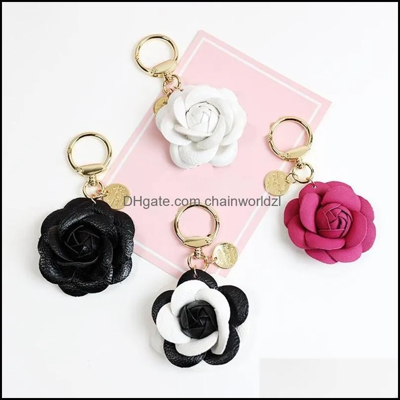 camellia flower keyrings bag charms pu leather pendant car key chains accessories black white rose red jewelry keychains rings holder for