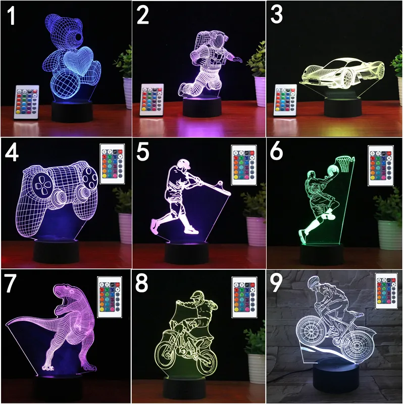 Lampe 3D USB acrylique veilleuses télécommande 16 couleurs changeantes Illusion d'optique lampes maison chambre Decorfor pour cadeau