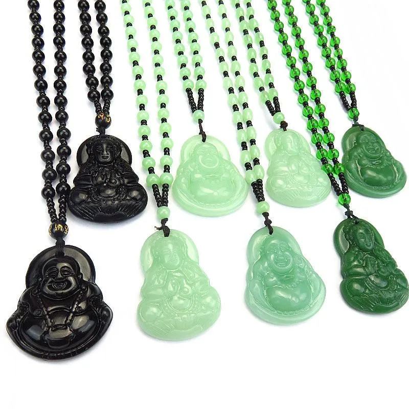 Pendant Necklaces Black Green Buddha Women Amulet Chinese Style Maitreya Necklace Jewelry Drop