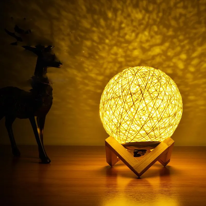 Table Lamps Bamboo Rattan Ball Lamp LED Home Warm Light Bedside Bedroom Decorative USB Charging Remote Control Colorful LampTable