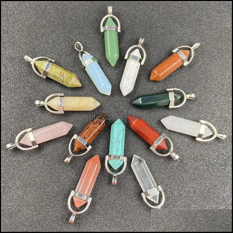 healing crystal natural stone pendant pillar shape charms turquoise tiger eye green rose quartz rope chain necklaces yydhhome