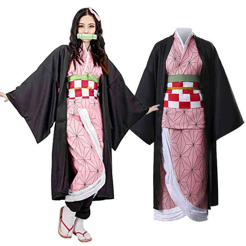 Demon Slayer Kimetsu No YaiBa Cosplay Kostuums Kimono Kamado Nezuko Adult Child Pruik Suit Halloween Anime Kostuum AA220324