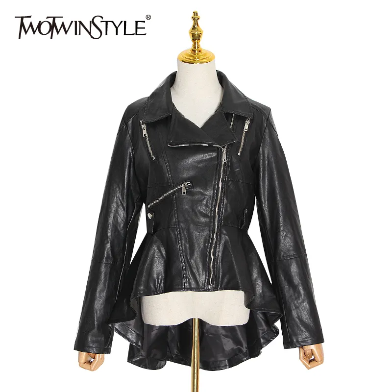 Twotwinstyle кожаная куртка для женщин для женщин с длинным рукавом нерегулярно подол