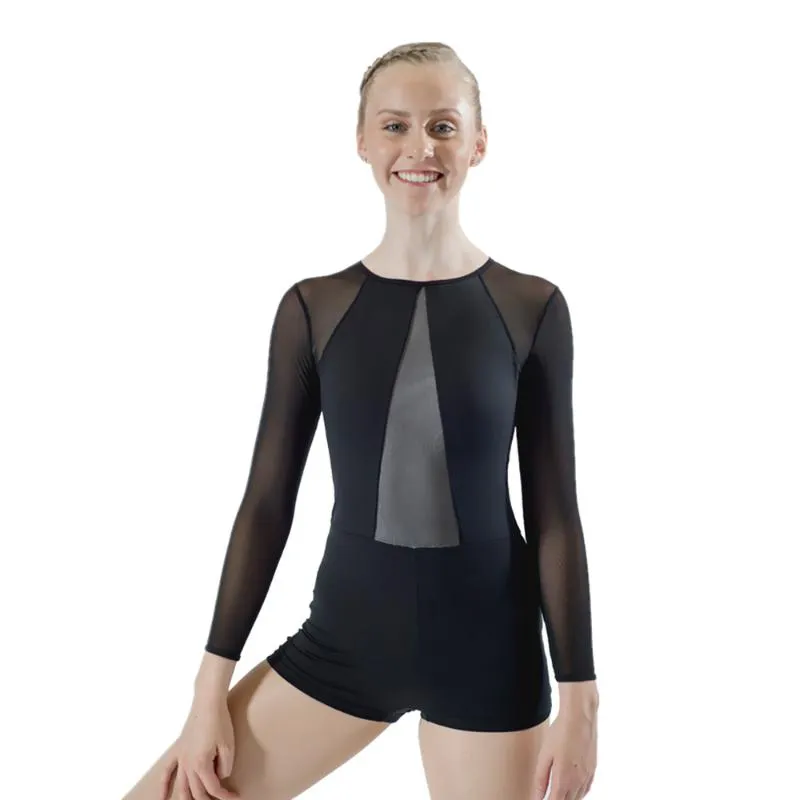 Stage Wear Ragazze adulte Nero Blu Body da ginnastica Maniche lunghe Shortard Unitard Microfibra Lycra Mesh Cerniera sul retro Body da balletto