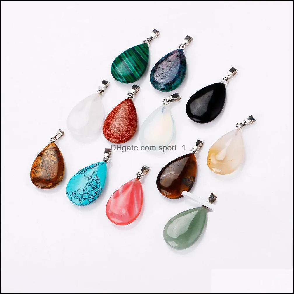 natural stone water drop pendant necklace opal tiger`s eye pink quartz crystal chakra reiki healing pendulum necklaces