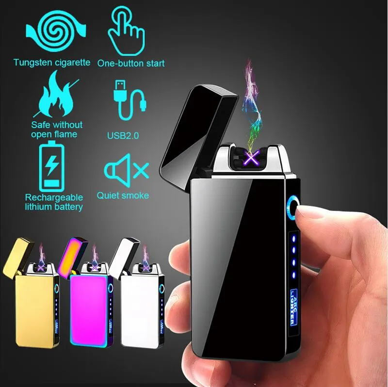 Isqueiro elétrico de arco duplo USB recarregável à prova de vento isqueiros de plasma sem chama fumando com display de energia LED Homens gadget presentes melhor qualidade