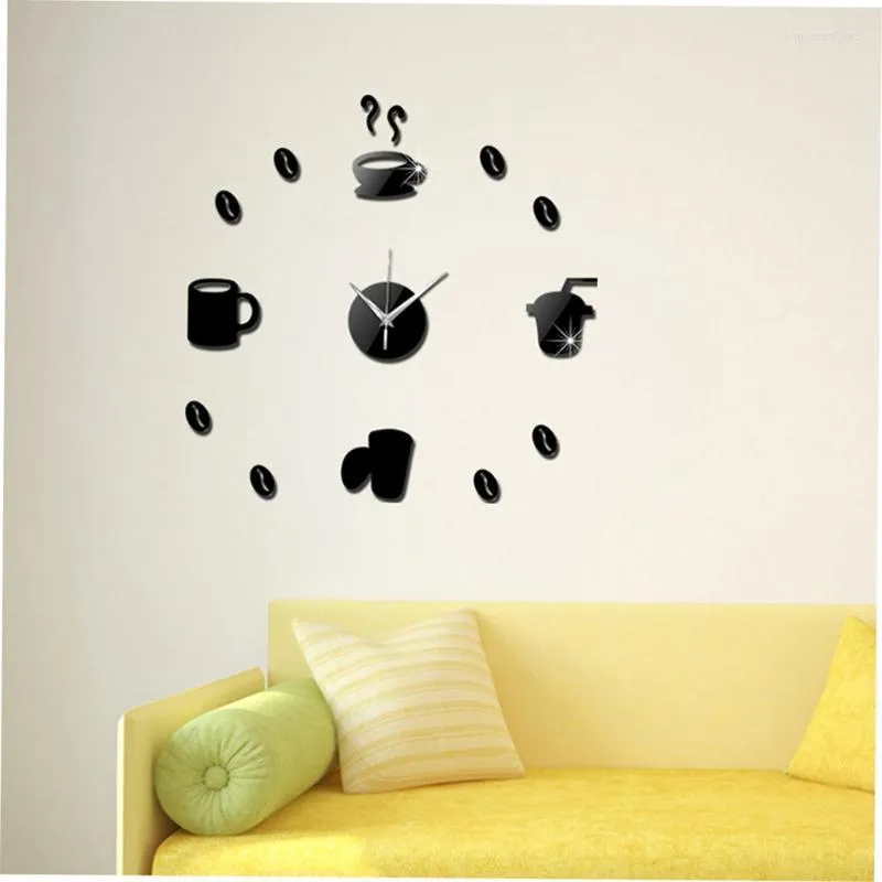Väggklockor rolig kaffekopp klistermärke diy nålkvarts för hem vardagsrum minimalistisk klocka mode 3d spegel