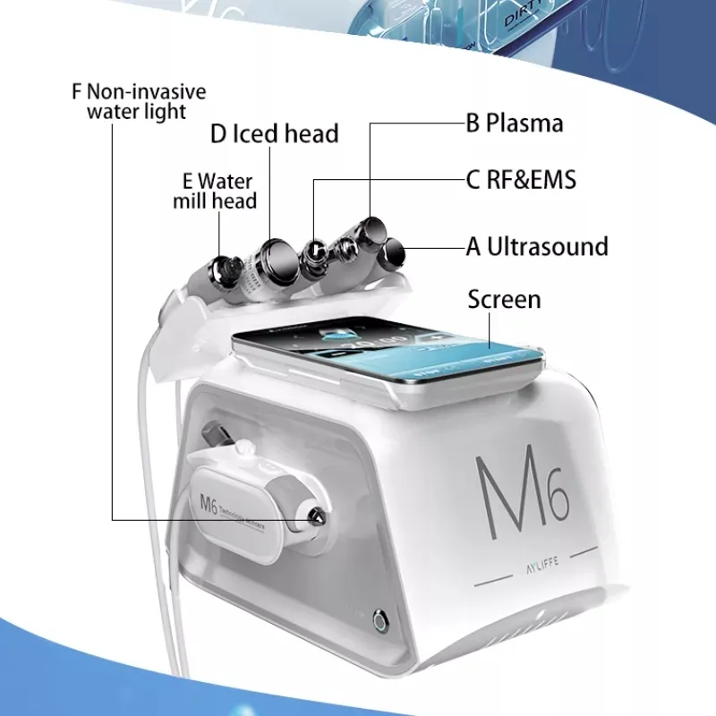 M6 RF 6 em 1 Ultrassom Facial Cleansing Macrodermoabrasão Máquina de bolha plasma EMS Agua Hydro Dermoabrasão Cuidado
