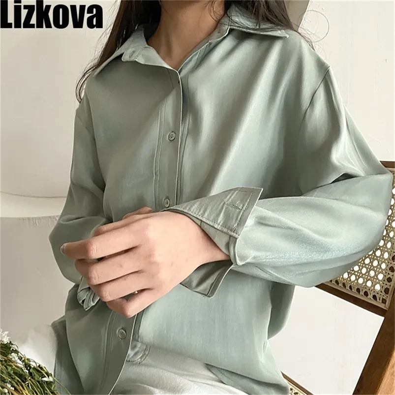 Lizkova Blanc Coton Offcial Blouse Femmes Shiner À Manches Longues Chemise Décontractée Élégant Revers Dames Tops LJ200812