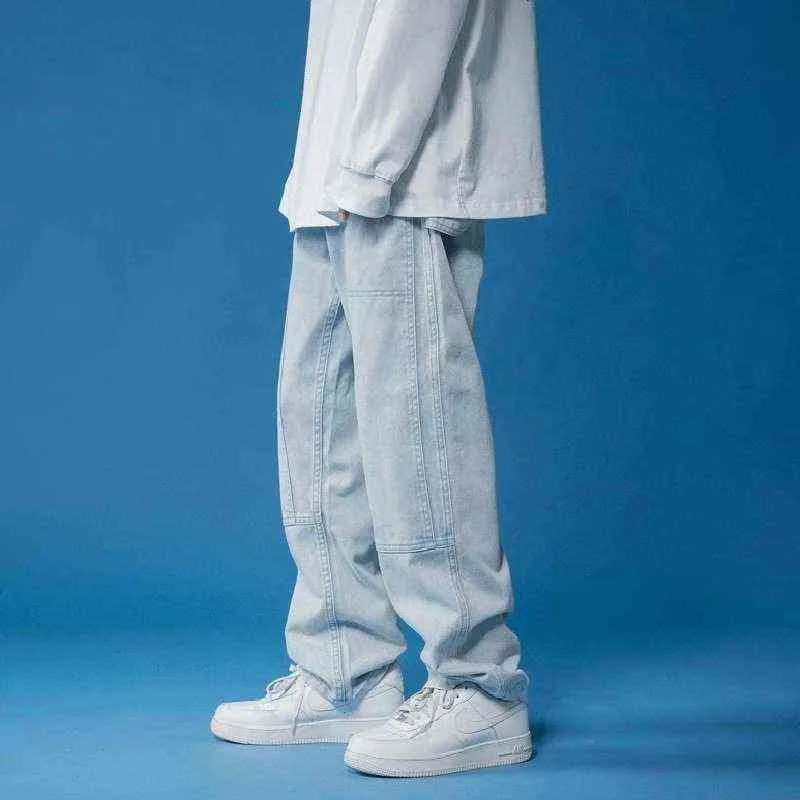 2021 Men Straight Harem Jeans Summer Korean Man Loose Denim Trousers Streetwear Male Pants Men Color Plaid MID G0104