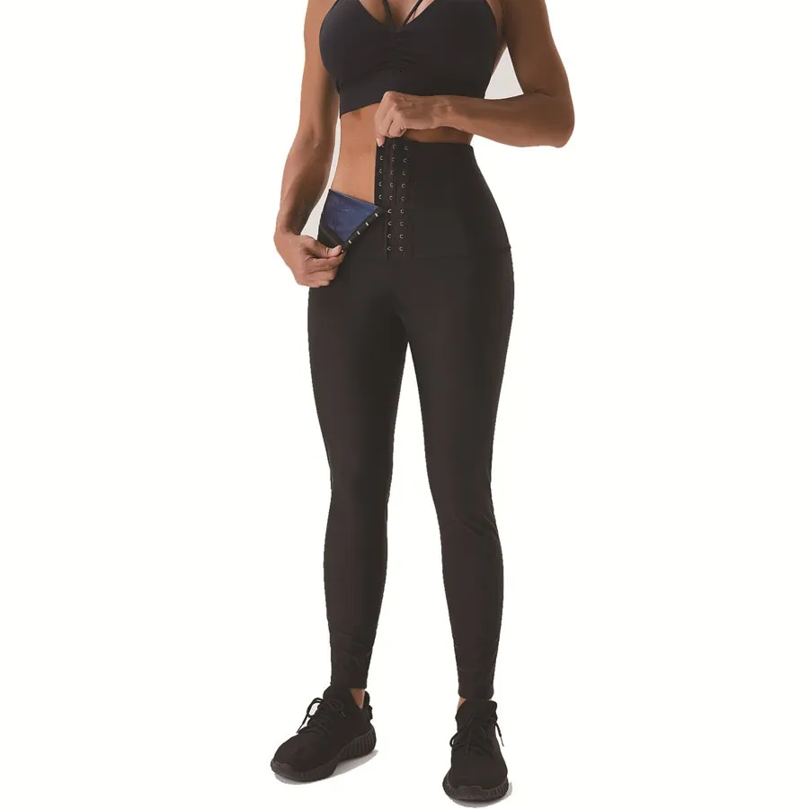 Nyaste premiumkvinnor bastu svettbyxor ben shaper för sport som kör hög midjeband leggings fodrade med blå film yoga byxor mage shapewear