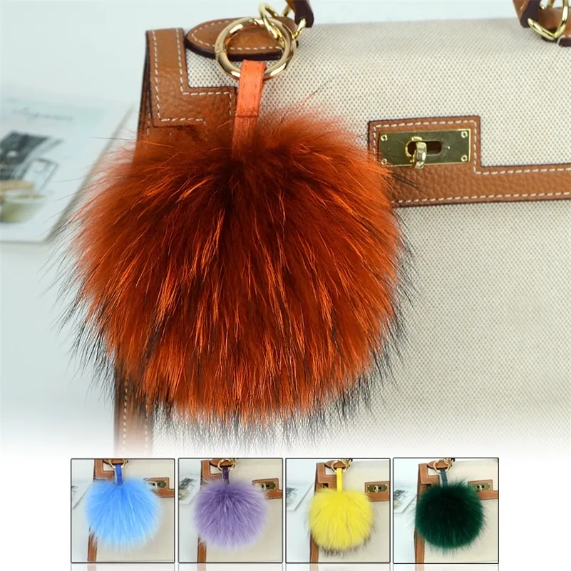 15cm Large Soft Real Raccoon Fur Ball Key Chains Fluffy Pompom Keychain Keyring Car Bag Accessory 220516