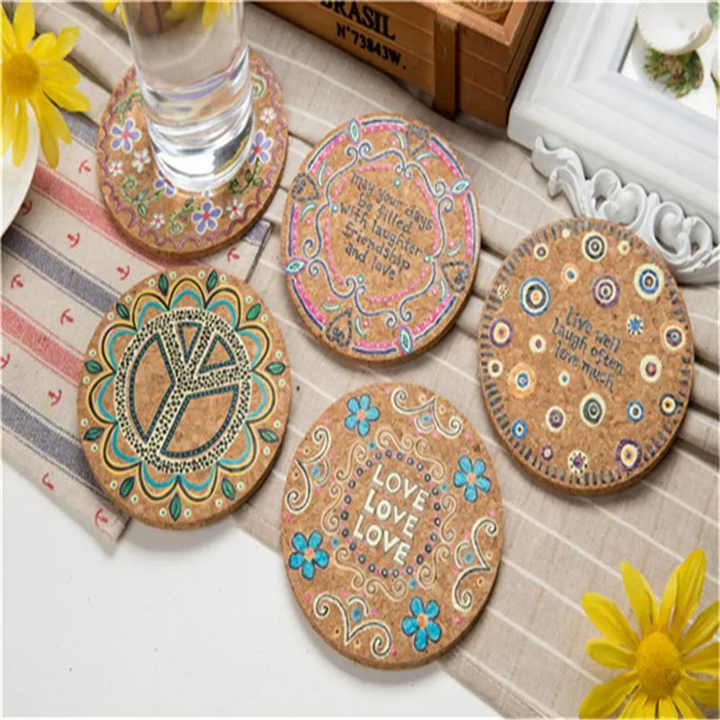 Round Natural Cork Coasters Heat Resistant Patterned Mats Anti-Scalding Cork Coaster Tabletop Protection Drink Coasters LX4663