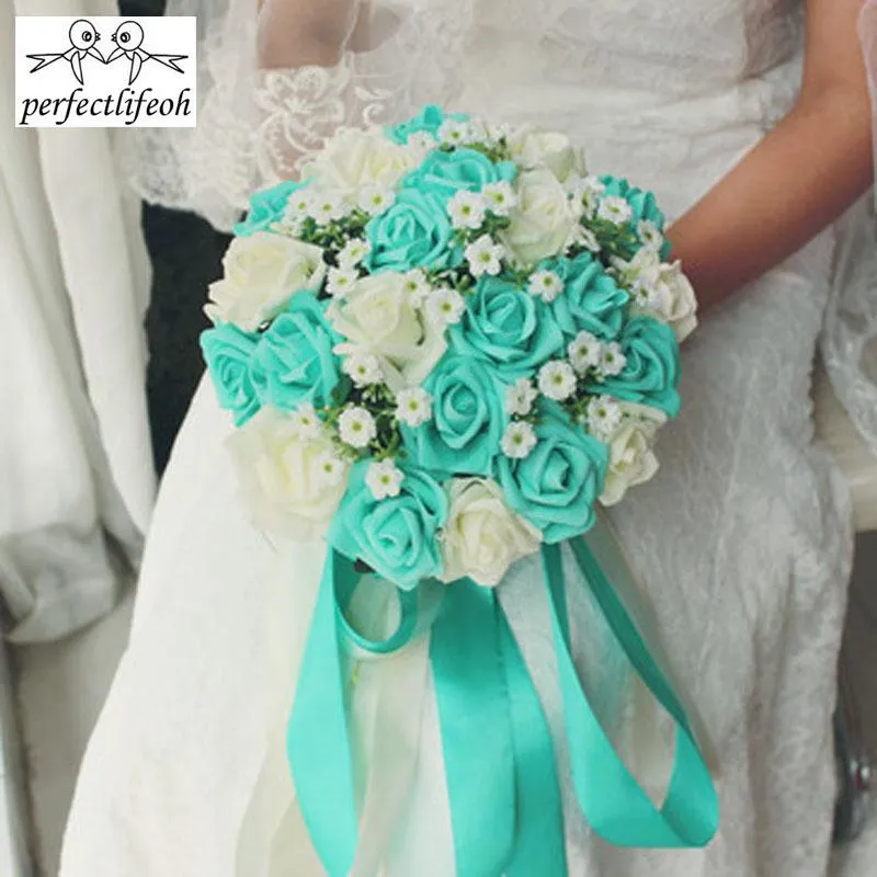 Flores de boda PerfectLifeOh Royal Azul Hermosas rosas de espuma artificial Flor de novia Bouquet Decoración del partido para la decoración