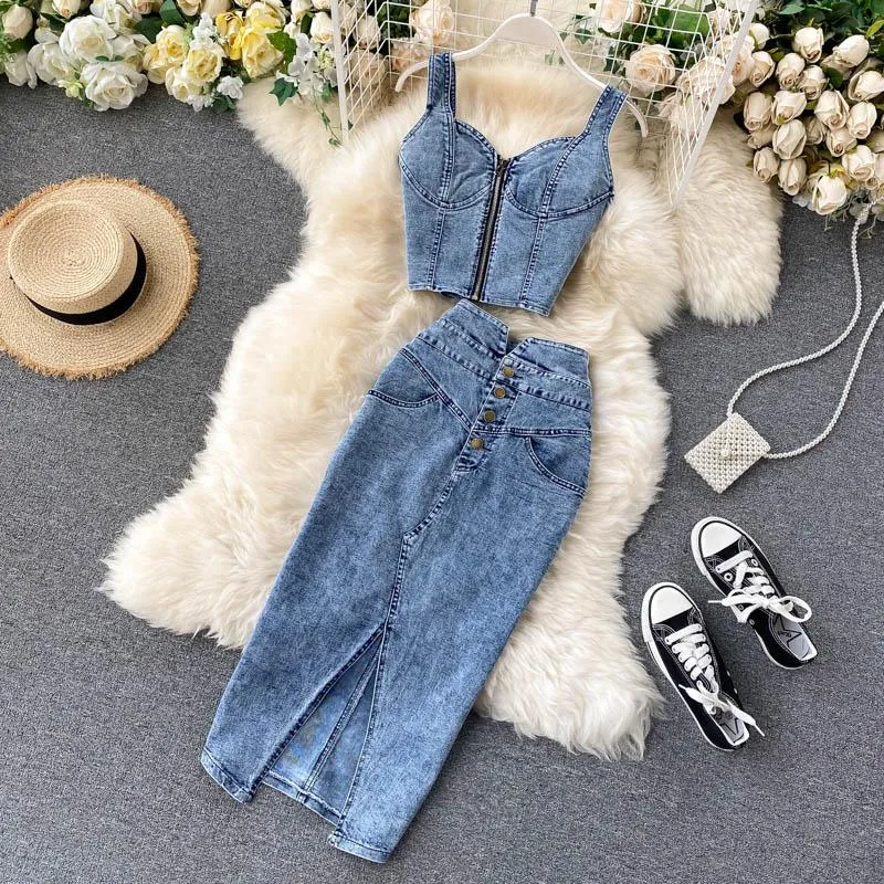 Work Dresses Summer Women Two 2 Piece Set Sexy V-Neck Jeans Vest+High Waist Button-up Denim Skirts Korean Style Office Lady Sleeveless Suits