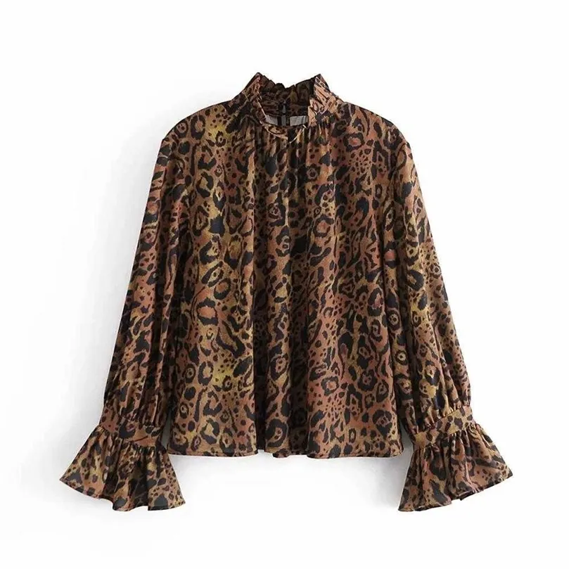 Women Shirt Leopard tryckt långa ärmar Ruffled Topps Casual Fashion High Street Chic Vintage Women Shirts 210709