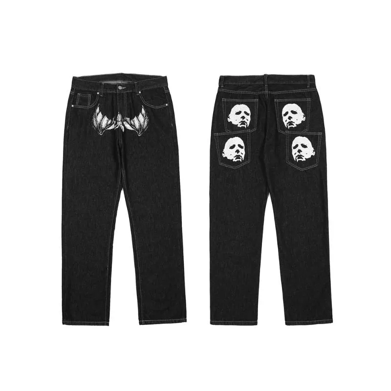 Y2K Print Mens Skeleton Hip Hugger Jeans By Michael Myers